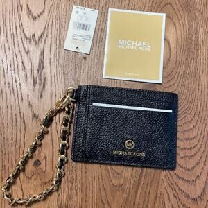 NWT MSRP$128 MICHAEL KORS Small Pebbled Leather Chain ID Card Holder Black Gold